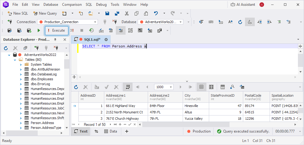 The Execute button on the toolbar