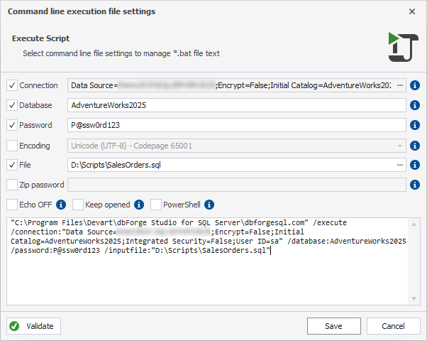 Command line execution file settings dialog