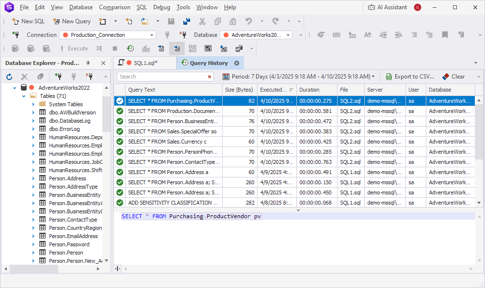 The Query History window