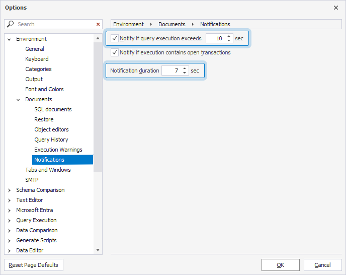 Execution notifications options