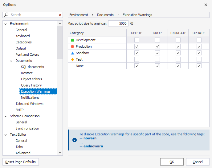 Execution warnings options