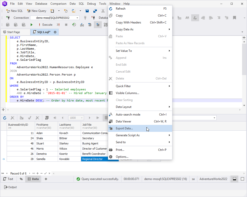Open the Data Export wizard