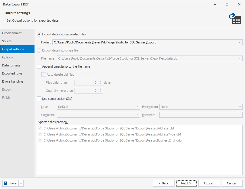 Output settings