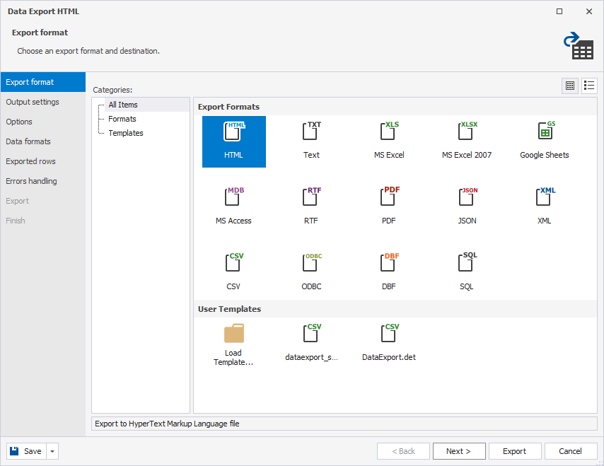 Data Export wizard - Export format