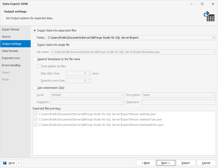 Output settings