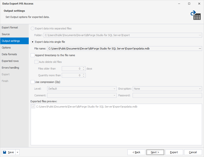 Output settings