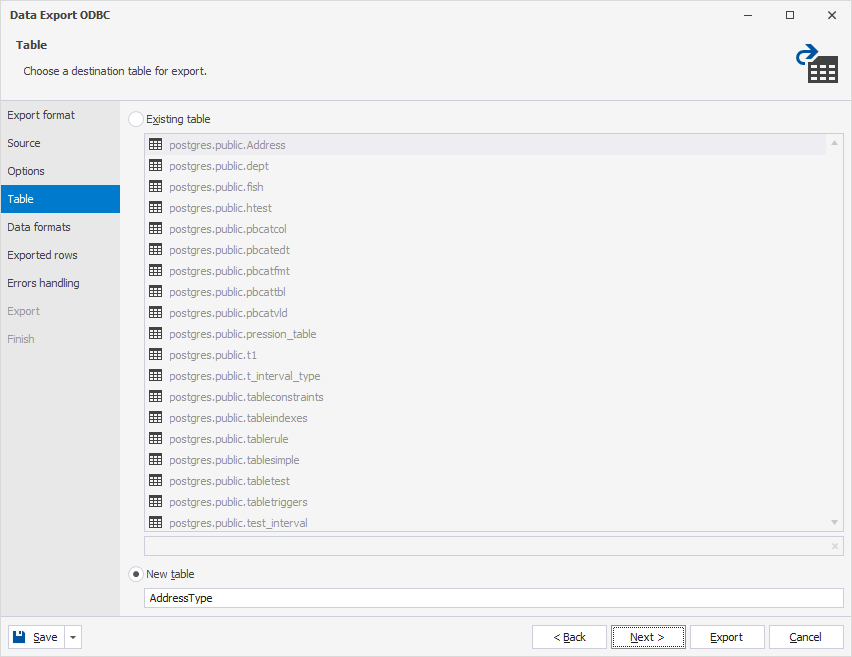 Choose a table for export