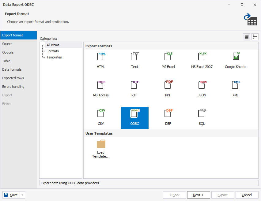 Select the ODBC export format