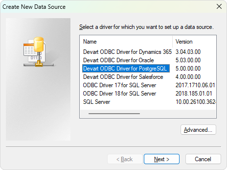 Select ODBC Driver for PostgreSQL