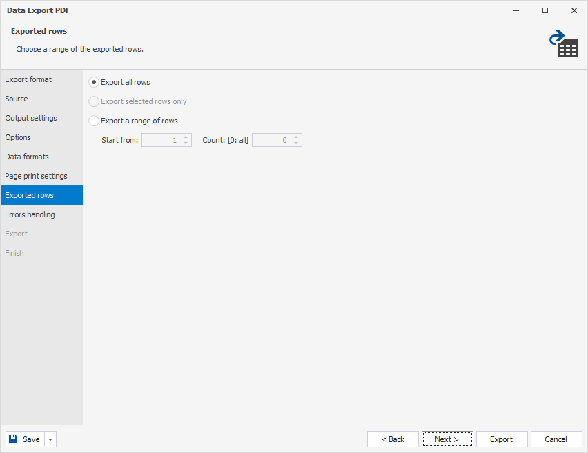 Exported rows