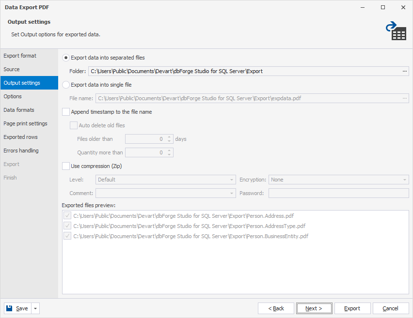 Output settings