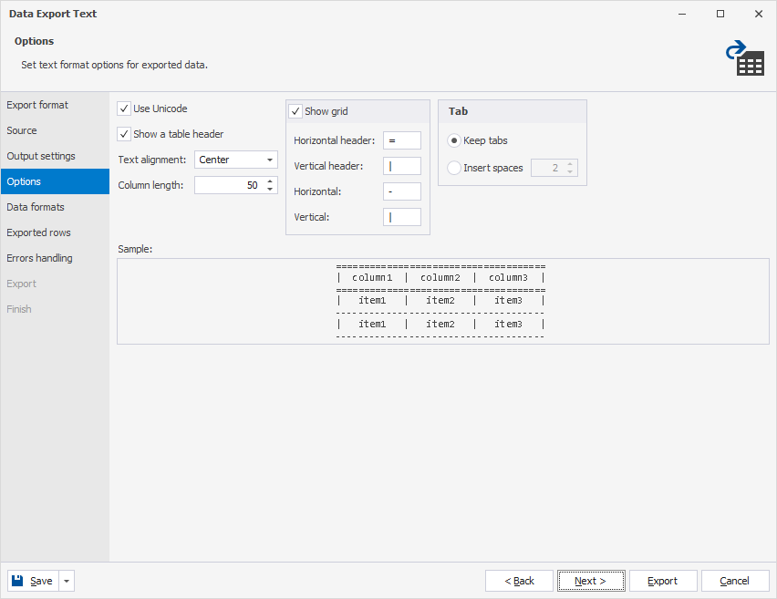 Export data options