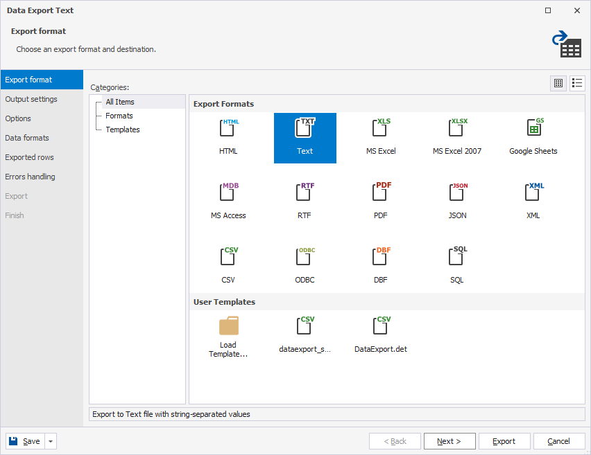 Data Export wizard - Export format