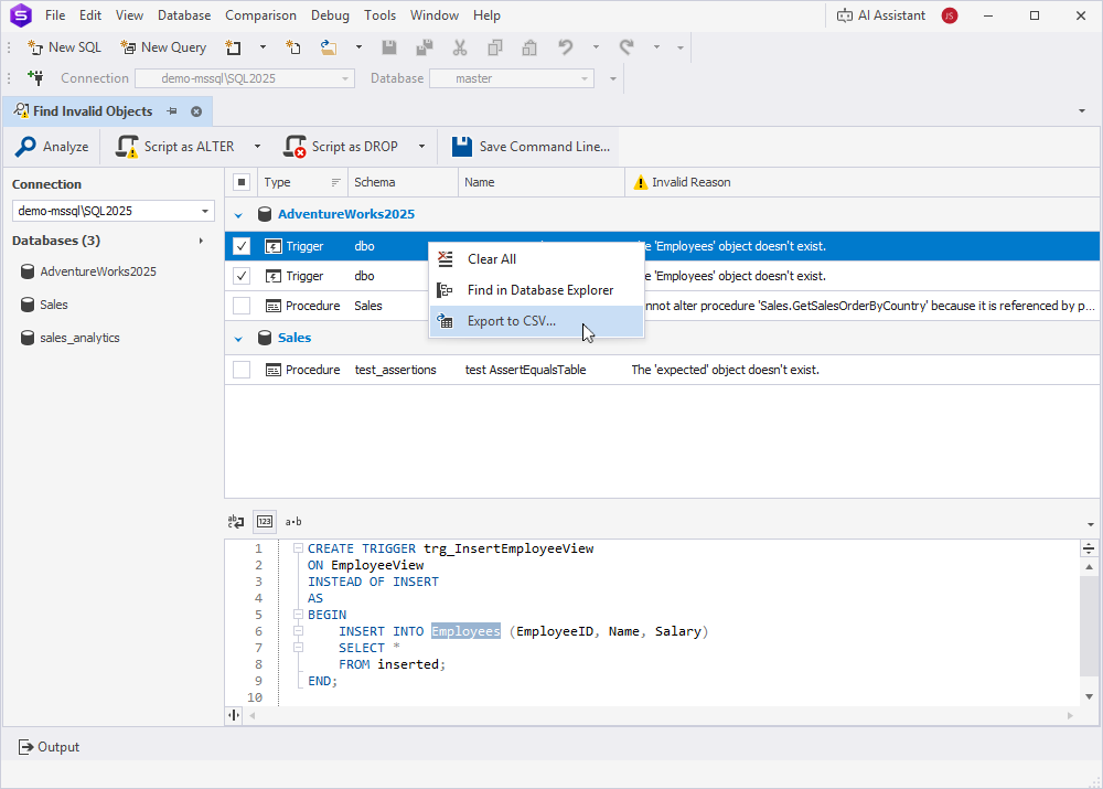 Export invalid objects to a .csv file