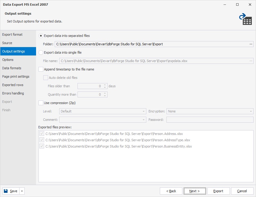 Output settings