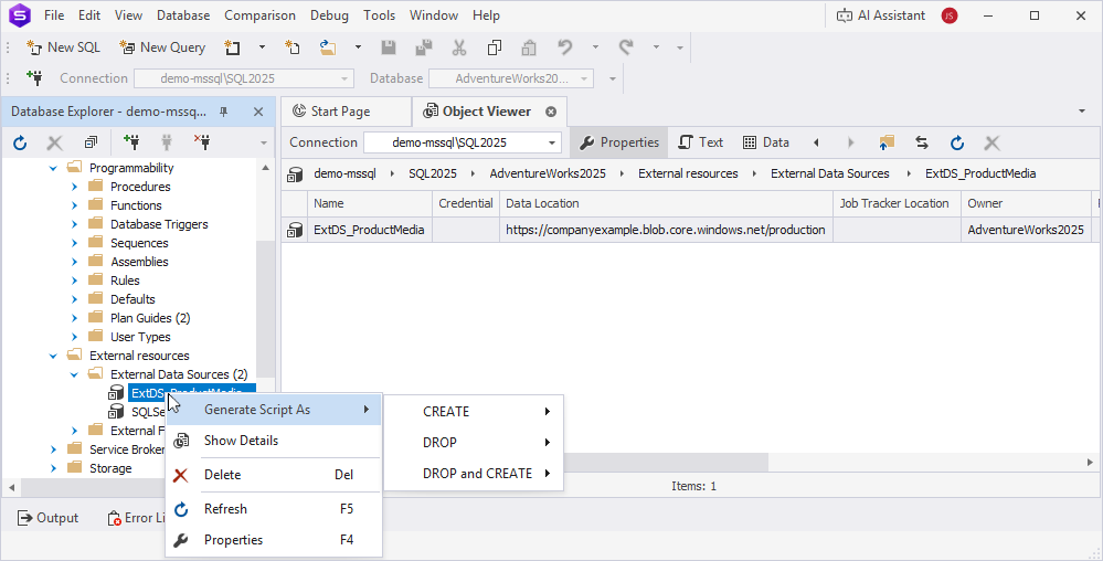 View the shortcut menu options of external data sources