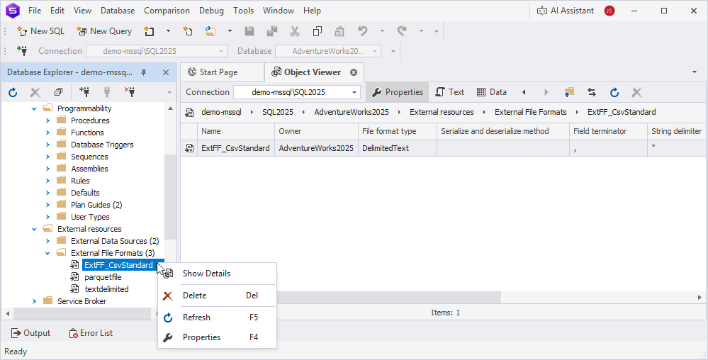 View the shortcut menu options of external file format