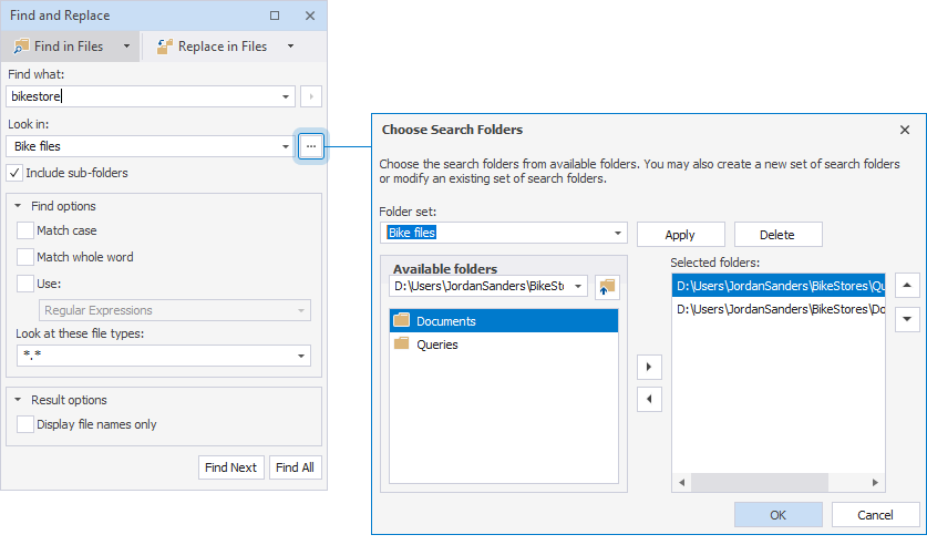 Find in files tab and Choose search folders dialog