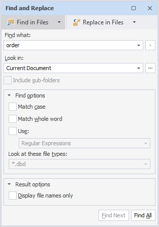 Enter the text you want to find on the Find in Files tab