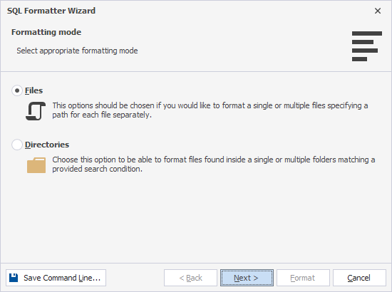 The Formatting mode page of the SQL Formatter Wizard