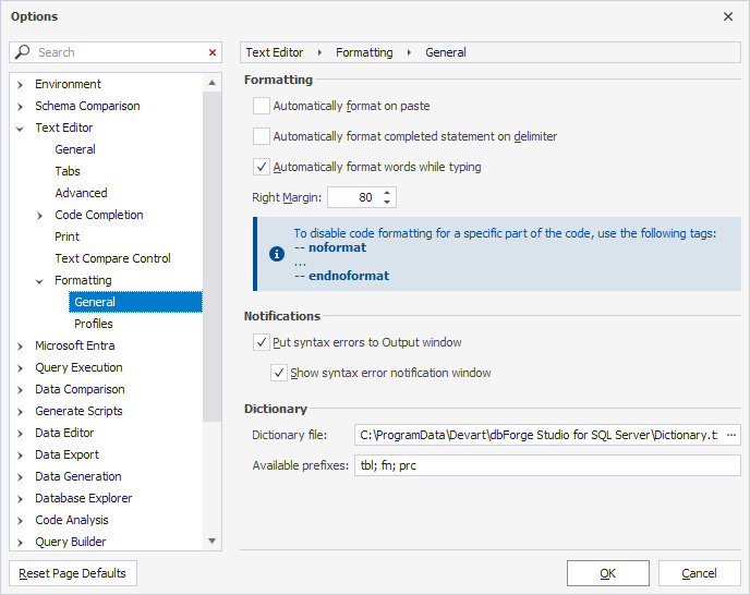 Options for SQL formatting window