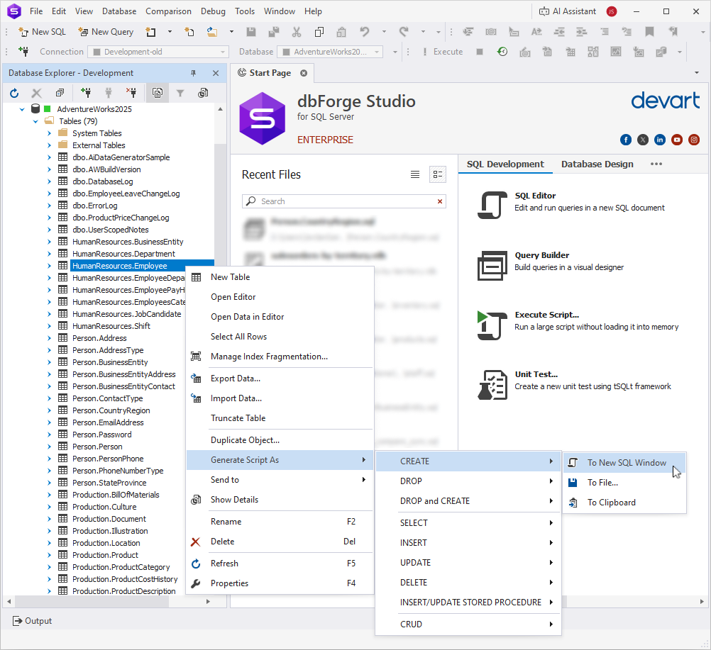 Generate Script As command for the HumanResources.Employee table