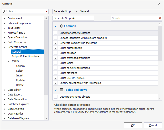 Include or exclude options from the script