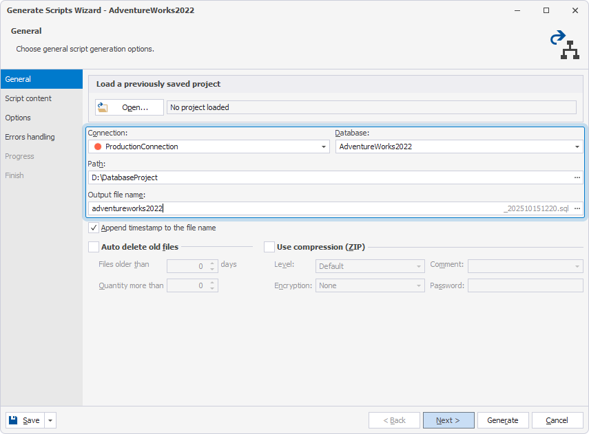 The General page of the Generate Scripts Wizard