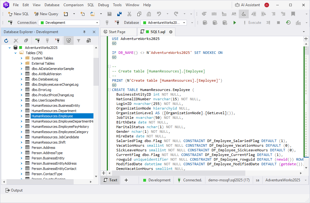 The generated script in a new SQL window