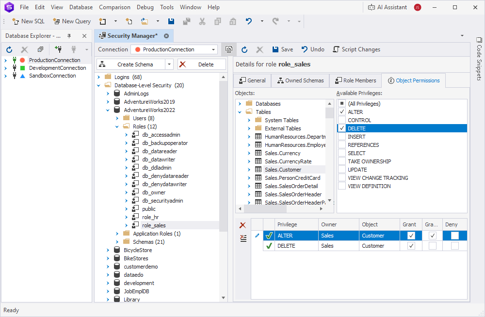 The Object Permissions tab with selected privileges for a role in the Security Manager window