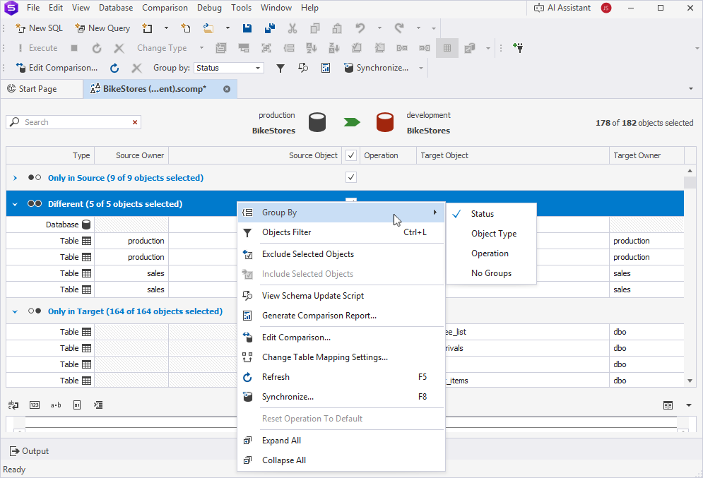 Group the comparison results
