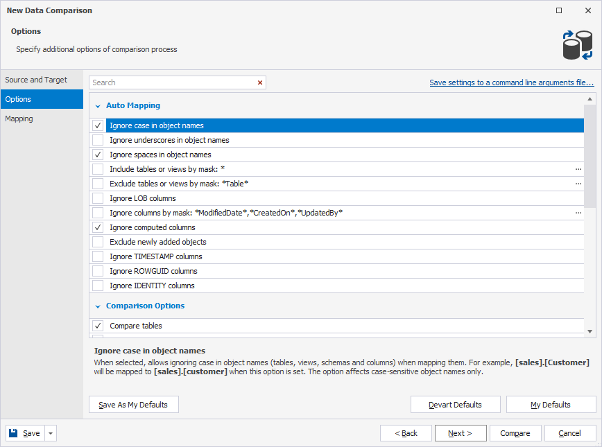 Ignore case in object names option