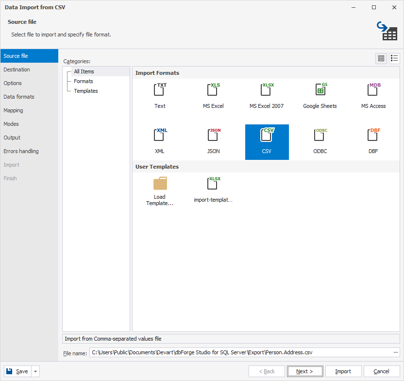 Select the CSV format