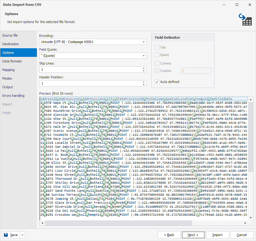 Configure import options