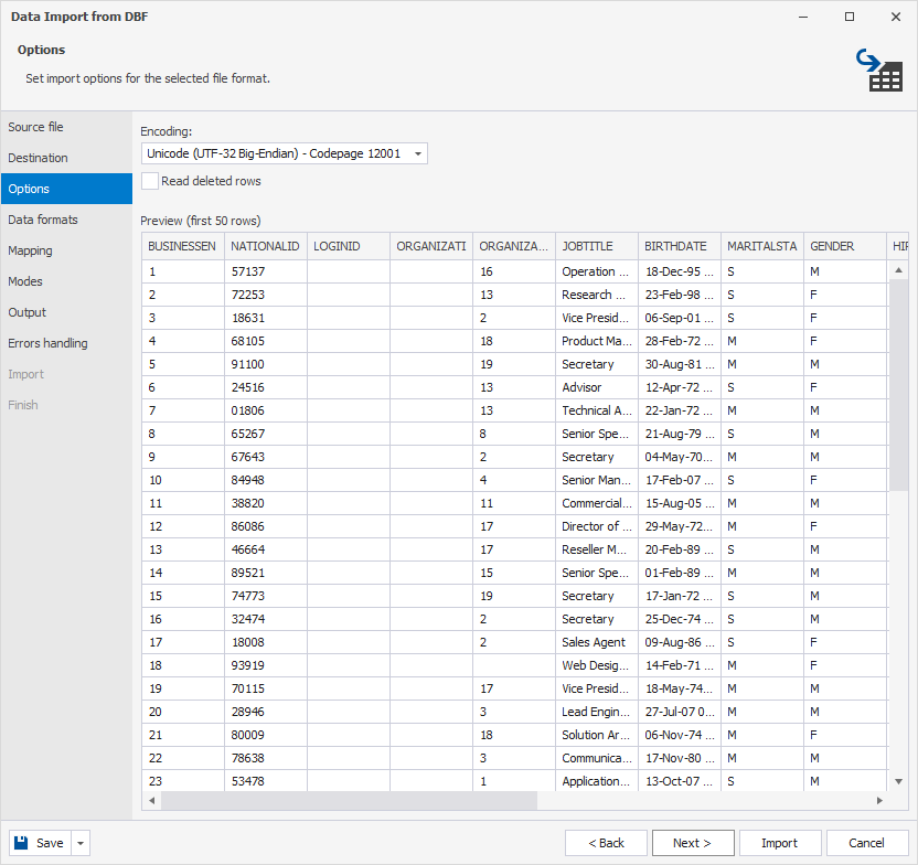 Configure import options