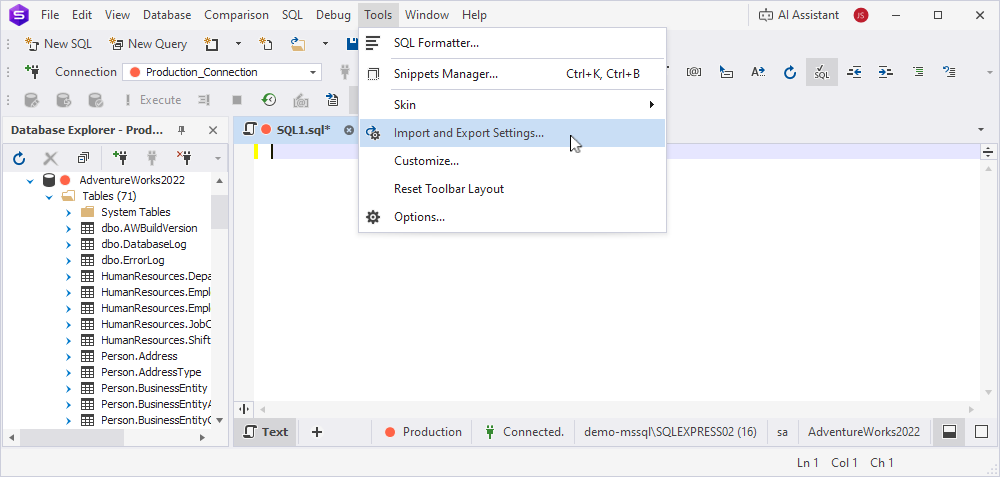 The expanded Tools menu in dbForge Studio