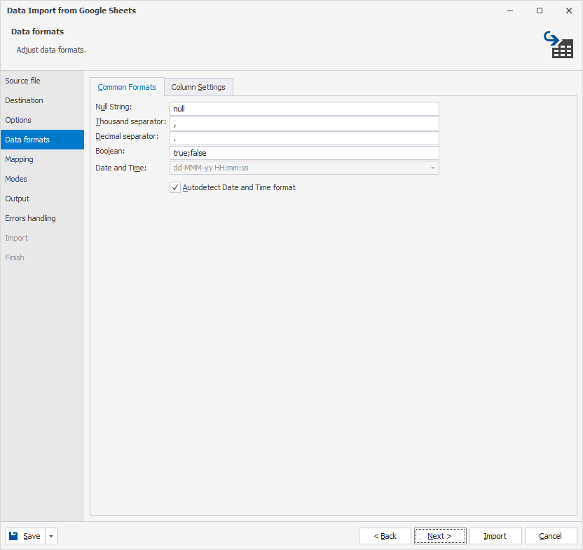 Specify data formats
