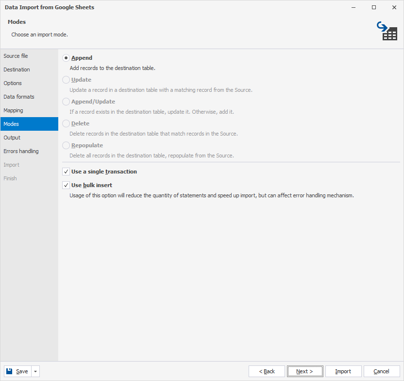 Import modes