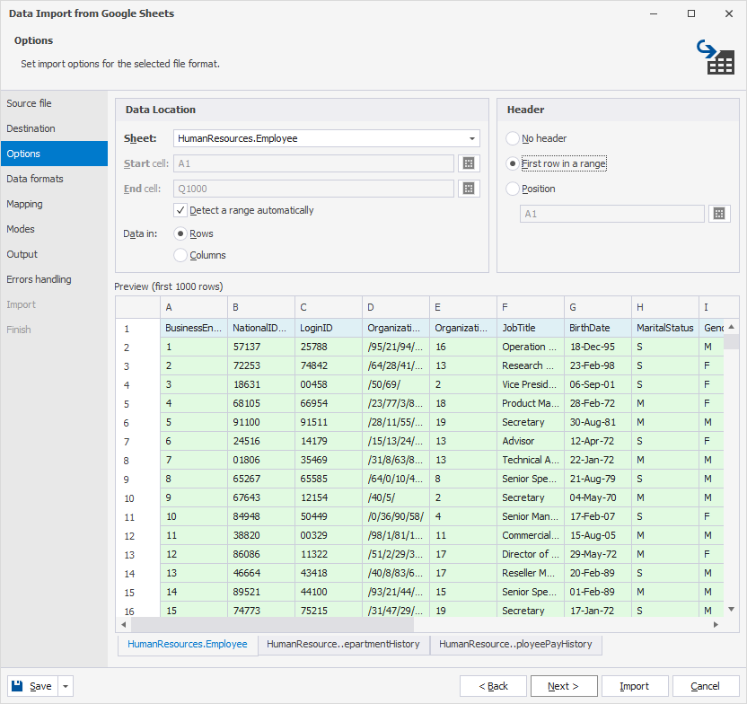 Configure import options