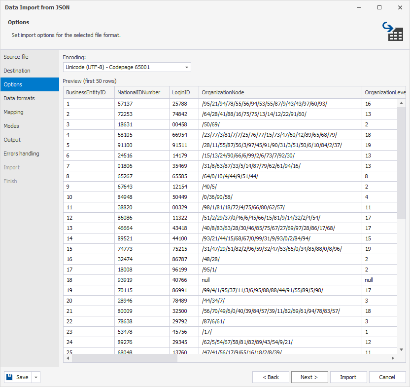Configure import options