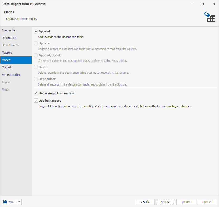 Import modes