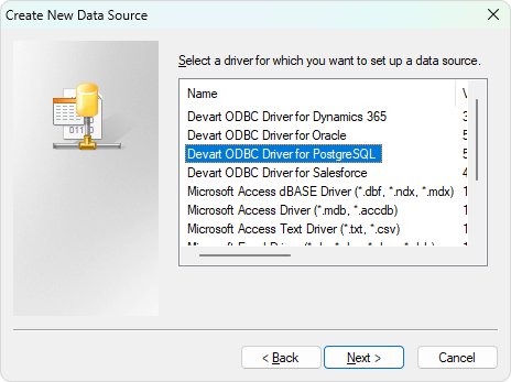 Select ODBC Driver for PostgreSQL