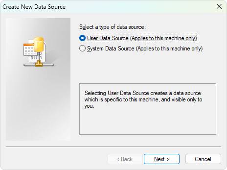 Select a user or system DSN