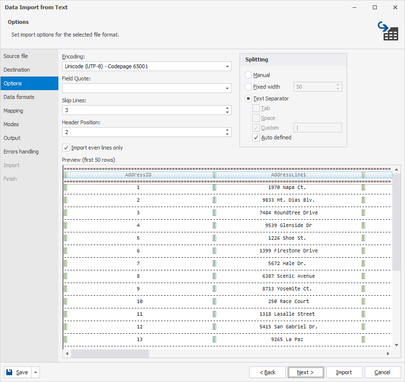Configure import options