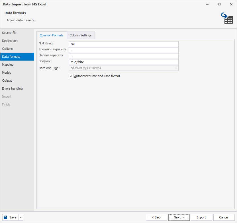 Specify data formats