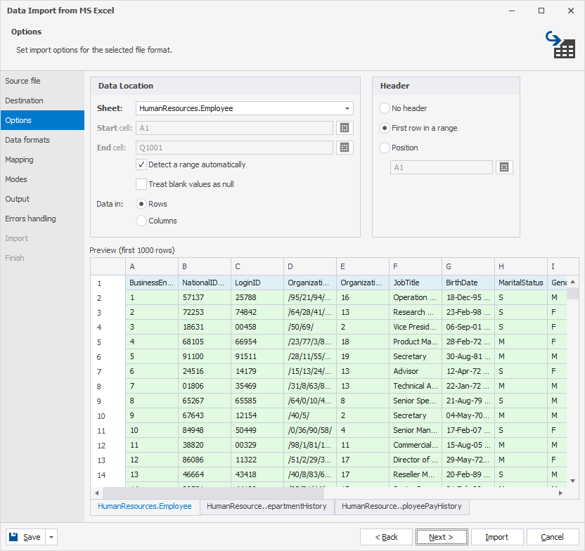 Configure import options