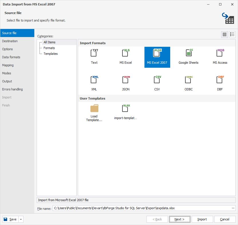 Select the XLSX format