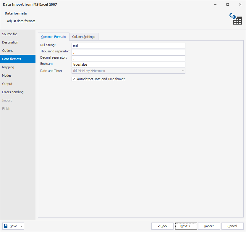 Specify data formats