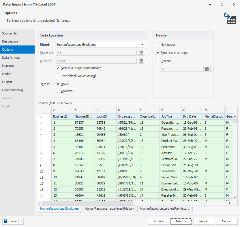 Configure import options