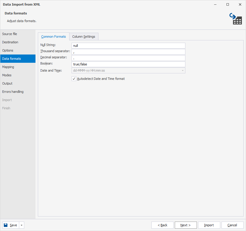 Specify data formats